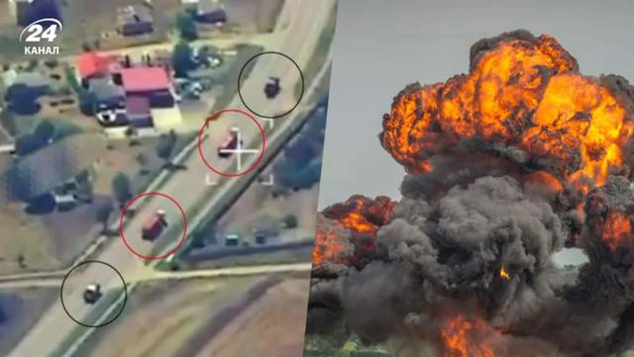 Кадри з відео удару по колоні російських бензовозів у Приморську